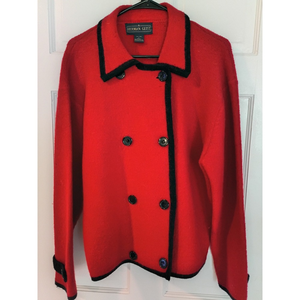 Herman Geist Vintage Red Wool Double Breasted Cardigan Sweater Black Trim Large